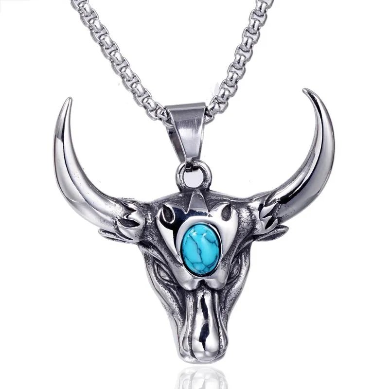 Pendant Necklaces Punk Skull Bull Head Pendants Natural Stone Men's Necklace Stainless Steel Long Chain Gothic Animal Jewelry For Friend Gif