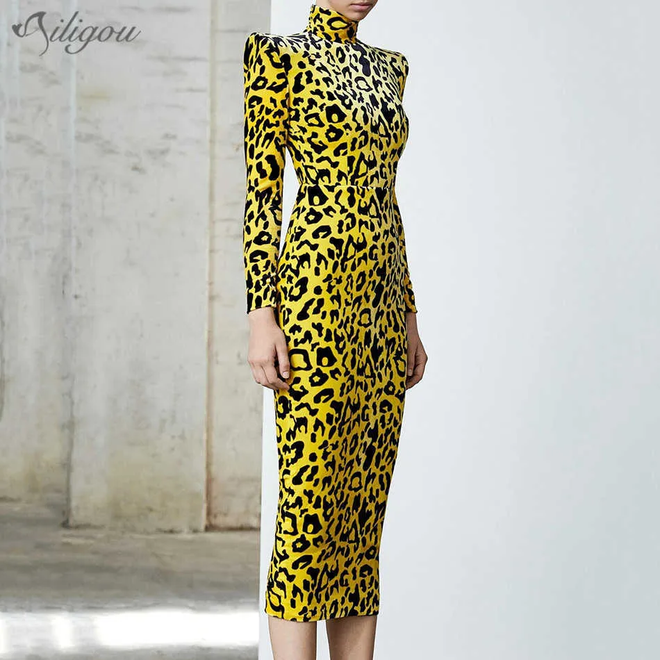 All Arrival Velvet Leopard Dress Long Sleeves Turtleneck Split Design Celebrity Party 210527