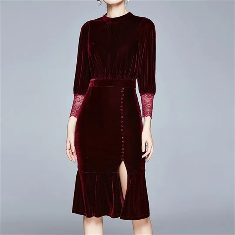 Kvinnor Lång Party Office Runway Gothic Velvet Dress Robe Femme Hiver Winter Jurken Dames Sleeves 210603