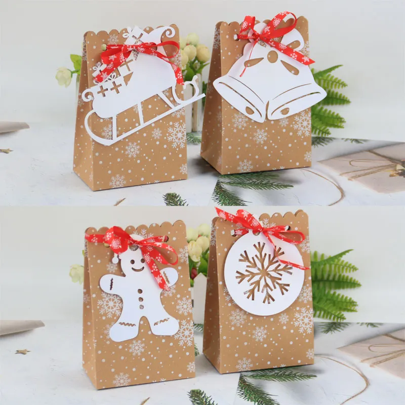 Bolsa de regalo de Navidad Kraft Papel Cookie Bolsas de caramelo envolver envoltura 4 tarjeta de estilo