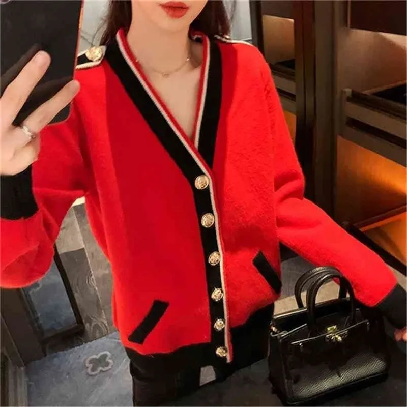 Cardigan lavorato a maglia in colore contrastante Donna sciolto pigro Casual maglione rosso Cappotto con scollo a V a righe Autunno Inverno Tasche Donna 210805