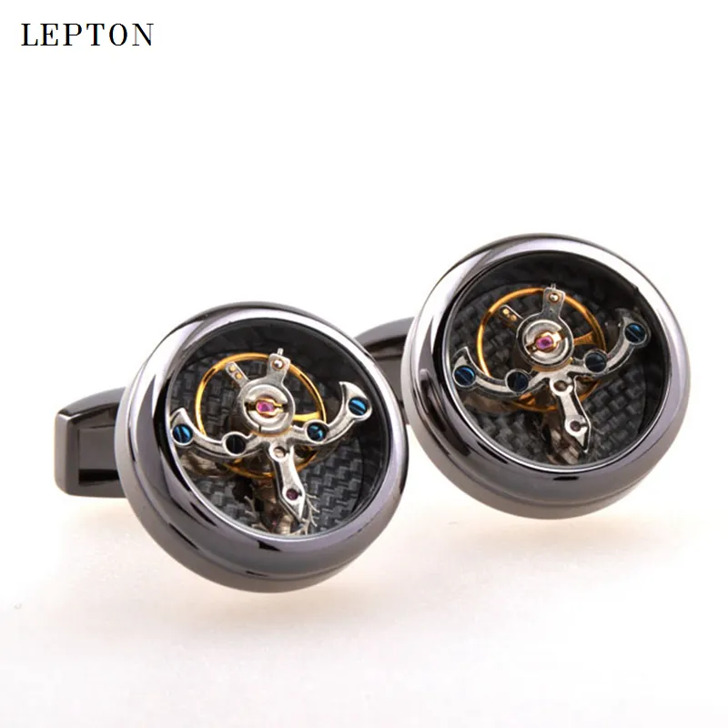 Movimento Tourbillon abotoaduras para Mens Lepton Alta Qualidade Relógio Mecânico Steampunk Gear Cuff Links Relojes Gemelos