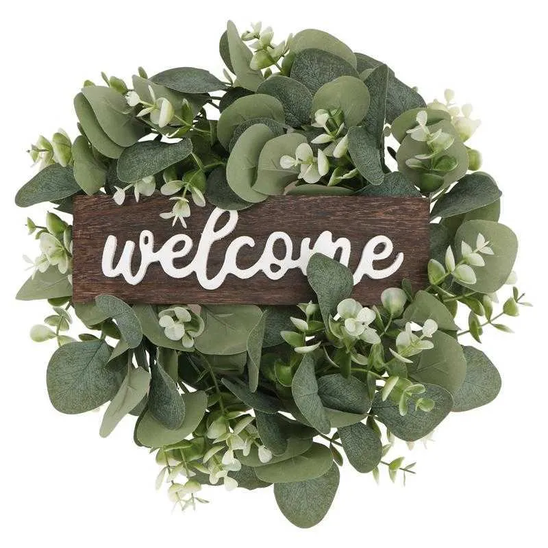 1Pc Welcome Wreath Decor Door Hanging Garland Ornament Simulation Leaf Wreath Artificial Plant Decor For Home Party Y0901