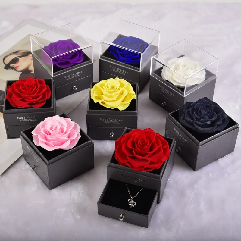 Valentine's Day Preserved Rose flowers with Party Favor exquisite necklace souvenir Eternal Flower Jewelry True Rose Acrylic Drawer