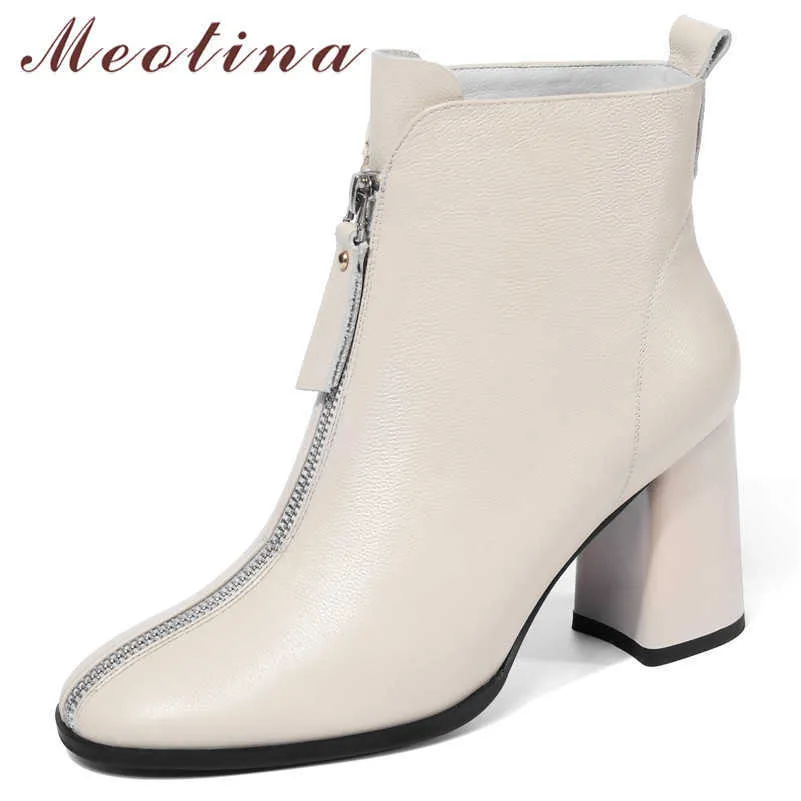 Meotina Winter Ankle Boots Women Natural Genuine Leather Square High Heel Short Boots Cow Leather Zipper Shoes Ladies Fall 34-39 210608