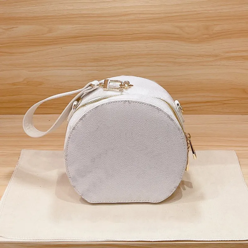 Portable Circle Hand Bag Mini Handbag Purses Fashion Letter Retro Genuine Leather Round Crossbody Bags Zipper Wallets Adjustable Shoulder Strap White Color Clutch