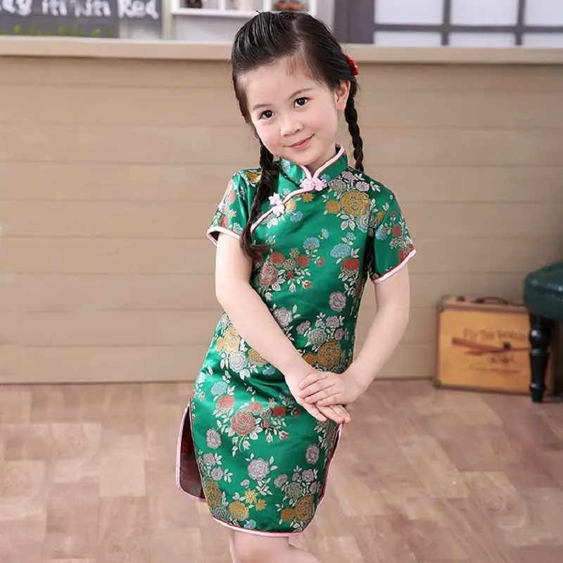 2020 Verde Vestito Dalla Ragazza Cinese Per Bambini Qipao Chi-Pao Cheongsam Vestiti Regalo Abbigliamento Per Bambini Vestiti Della Ragazza Floreale Nuovo Anno Q0716