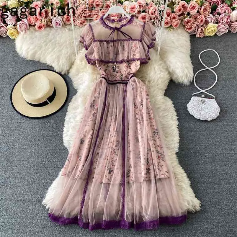 Gagarich kvinnor klänning sommar fransk stil damer vintage kändis temperament slips krage ruffle tryckt mesh vestido 210623
