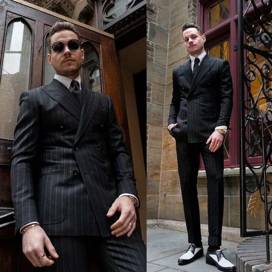 Noir rayé hommes pantalons costumes Double boutonnage marié meilleur homme veste affaires fête bal mariage Blazer Tuxedos personnalisé deux pièces