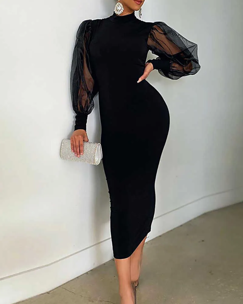 ●FOGDAWN● Mesh Layered Puff Dress (black) Womens Long Sleeve Bodycon Dress Mesh Splicing, Puff Sleeves