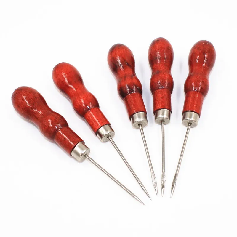 赤い木製のハンドルの針ハンドツールピンパンチングホールメーカーステッチオーバーストリップミシンツール高品質のレザークラフトクロスAWLツール