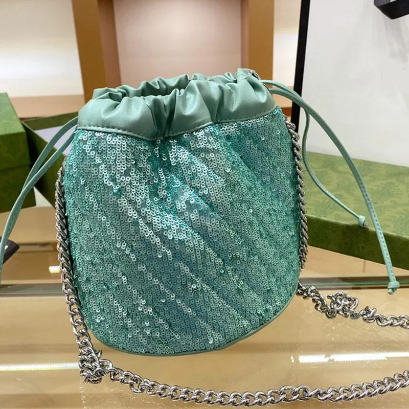 Sequins Bucket Bag Handbag Purse Bling Chain Crossbody Bags Fashion Letter Genuine Leather Patchwork Drawstring Pocket