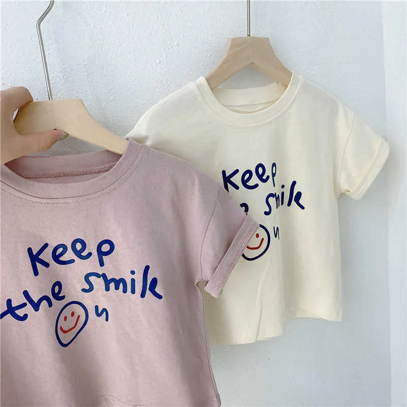 Летние Детские Письмо Печать T Рубашки Мальчики Хлопок Свободные Короткие Молотые Треры Девушки 210615