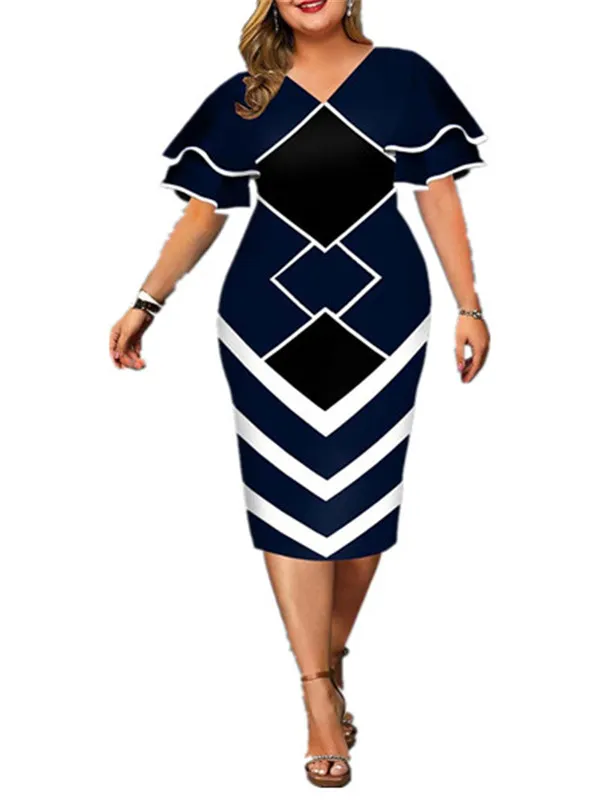 Grote maten damesjurken Bodycon Elegante geometrische print Avondfeestjurk Gelaagde klokmouwen Casual cluboutfits