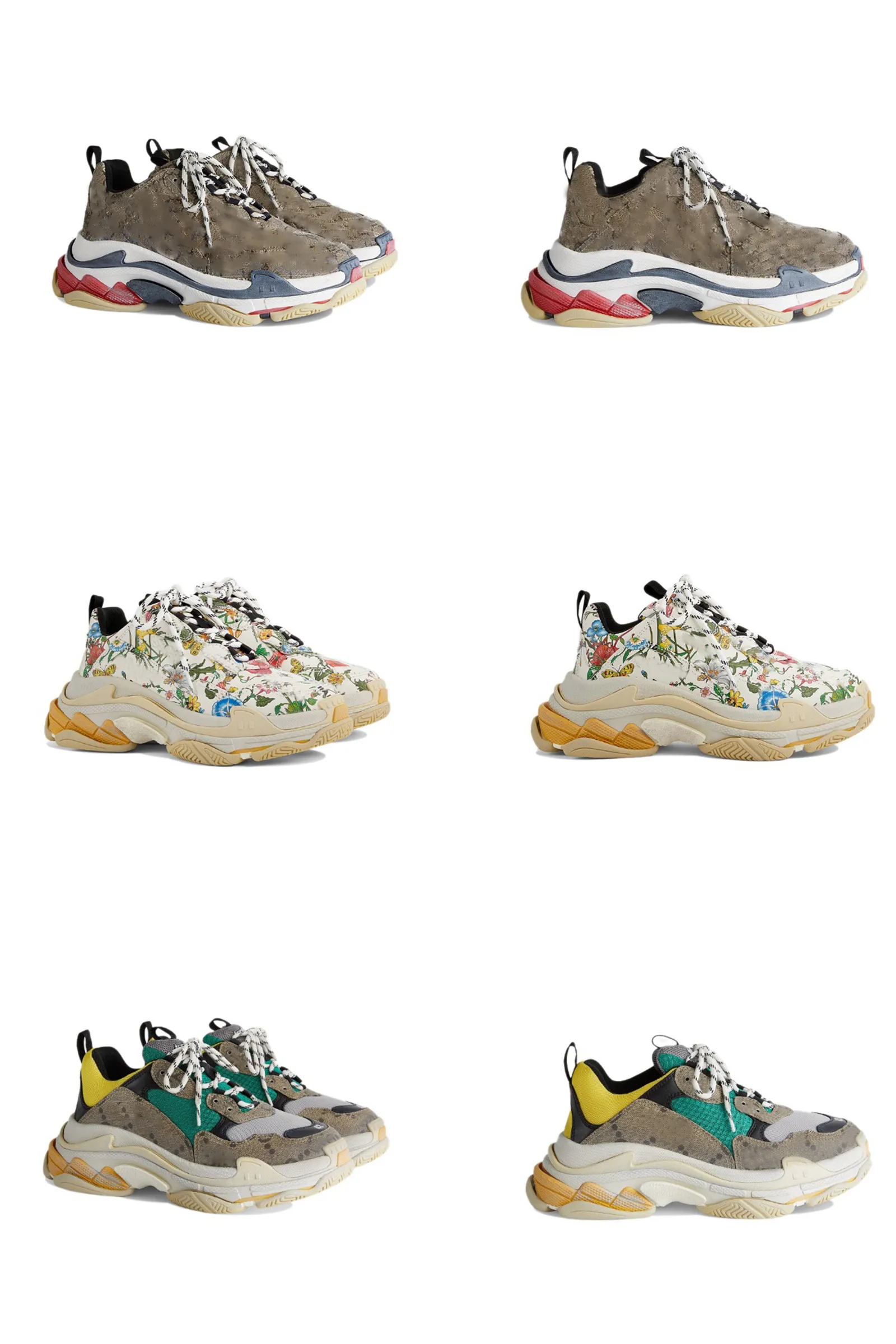 Autentic The Hacker Project Triple S Beige Green Amarelo Flora Print Shoes Homem Mulheres Treinadoras Old Papai Plataforma Paris 17FW Outdoor com caixa original 2022