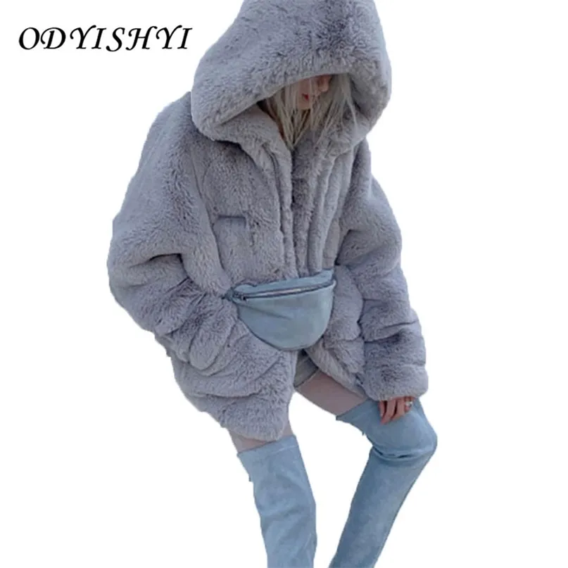 Cappotti di pelliccia di coniglio Rex Lady Oversize spessa giacca invernale con cappuccio caldo Pellicce sintetiche Cappotto bianco di peluche Moda donna Parka DH29 211220