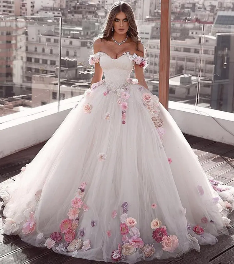 2021 Off Shoulder Flowers Prom Ball Gown Beaded Quinceanera Dress