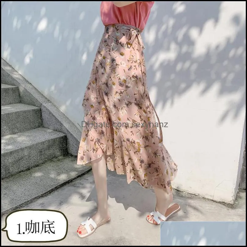 Skirts Irregular Woman Chiffon Skirt Floral Printed Open Stitch Beach Sash Waisted Summer Long Travel