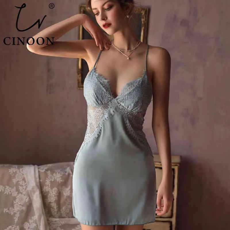 CINOON Femmes Chemises De Nuit Sexy Dentelle Satin Vêtements De Nuit Col En V Chemise De Nuit Avec Coussinets De Poitrine Homewear Mince Dos Nu Salon Doux Vêtements De Nuit