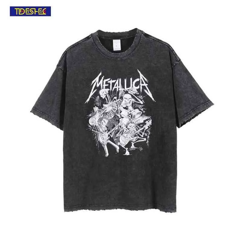 2022 Ripped Skull Band Print T-shirt Vår Sommar Tvätt Band T-shirt Män och Kvinnor Fashion Streetwear T-shirt Hip Hop Top Tee G1217