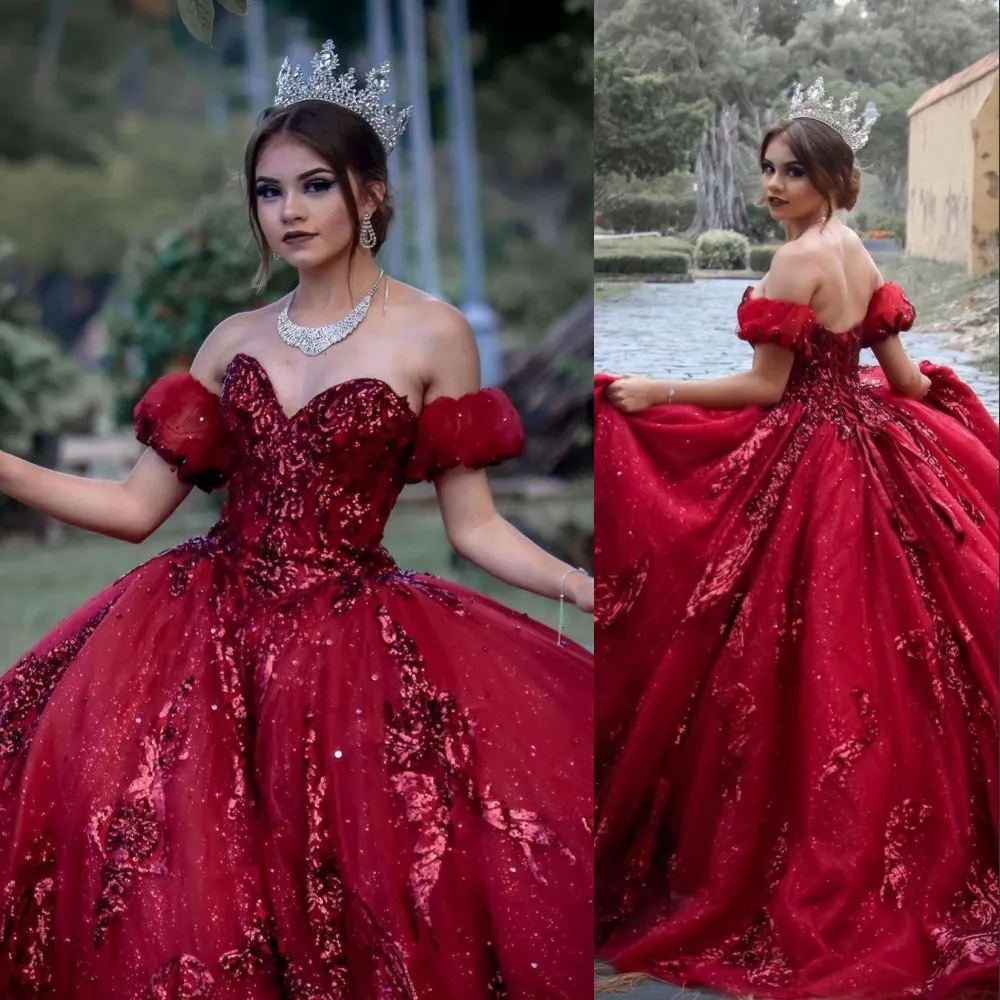 2021 Sexy glitzernde Pailletten Lave abnehmbare Ärmel Quinceanera-Kleider Ballkleid Tüll schulterfreie Pailletten Burgunderrot Dunkelrot Sweet 15 Abendkleid