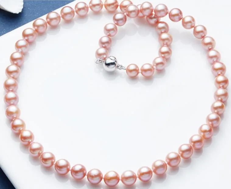 9-10mm South Sea Pink Pearl Necklace Choker 18 cali 925 Silver Zapięcie
