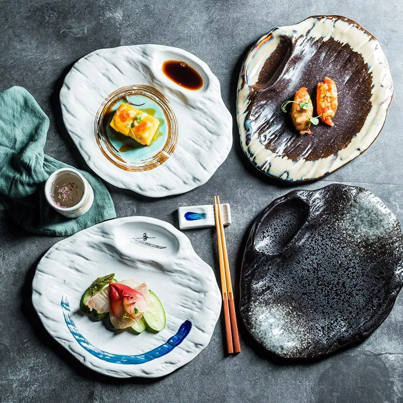 Piatti Piatti Piatti giapponesi Piatto in ceramica Pasto Griglia Dumpling  Griglia Nero Sushi Set a forma speciale da 11 pollici