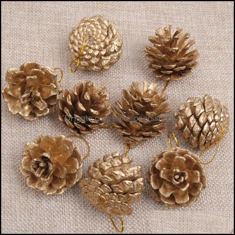 9PCS Gold Christmas Ornaments Pine Cones DIY Xmas Tree Ornaments Pendant Christmas Party Decorations Home Decor