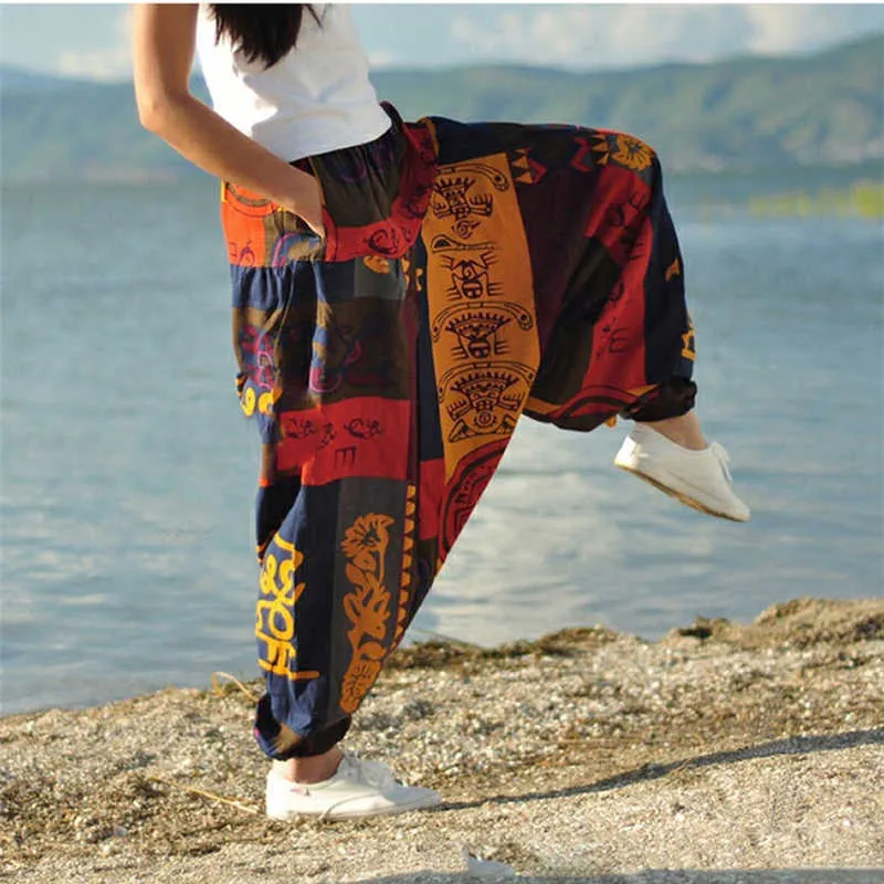 Baggy Harem Spodnie Kobiety Przyczynowe Drukuj Hippie Joggers Cross-Spodnie Luźne Spodnie Aladdin Latarnia Szerokie nogi Bawełniane Pants Plus Plus X0629