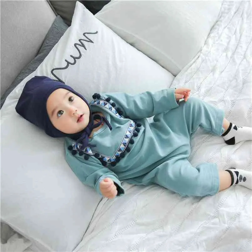 Kinder Baby Kleidung Baumwolle Jumpsuit Dress Up Koreanische geborene Junge und Mädchen Strampler O-Ausschnitt Tuch 210702