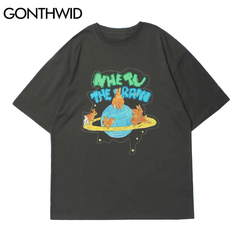 GONTHWID Tees Mens Planet Kaninchen Print Street Hip Hop Harajuku Casual T-shirts Mens Fashion Sommer Kurzarm Baumwolle Tops C0315