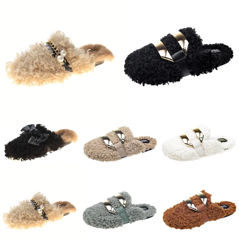 GAI GAI GAI Cheaper Newly Autumn Winter Womens Slippers Metal Chain All Inclusive Wool Slipper for Women Outer Black Grey Wear Plus Big Szie Muller Half Drag Shoes