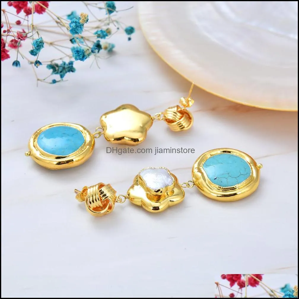 GuaiGuai Jewelry White Baroque Pearl Flower Blue Turquoises Coin Gold Color Plated Dangle Hook Earring Handmade For Women Real Gems Stone Lady Fashion