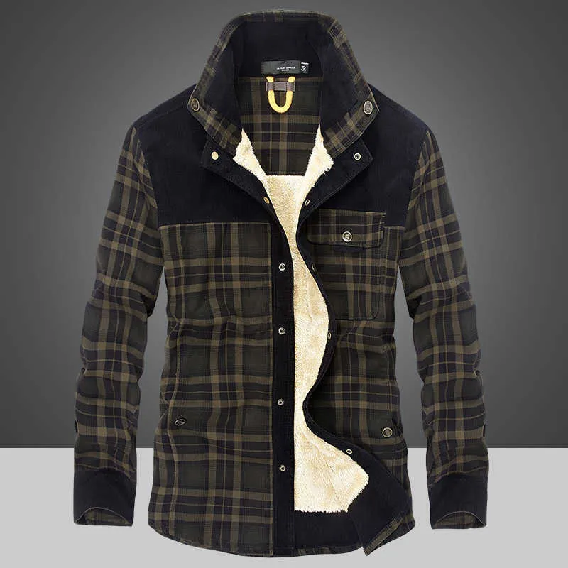 Veste d'hiver Hommes Épaissir Chaud Polaire Chemises Manteaux 100% Coton Plaid Flanelle Veste Vêtements Militaires Chaquetas Hombre Taille M-4XL 211013