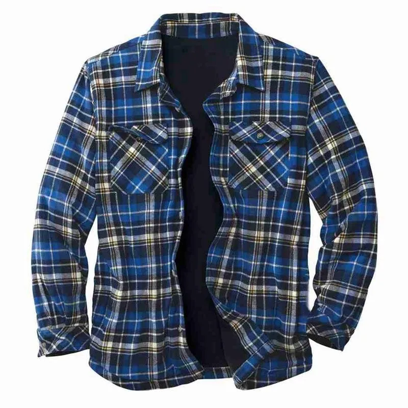 Men's Casual Shirts Warm Sherpa Lined Fleece Plaid Flannel Shirt Jacket Camisa Masculina Fashion Gentlemen Chemise Homme Coat269e