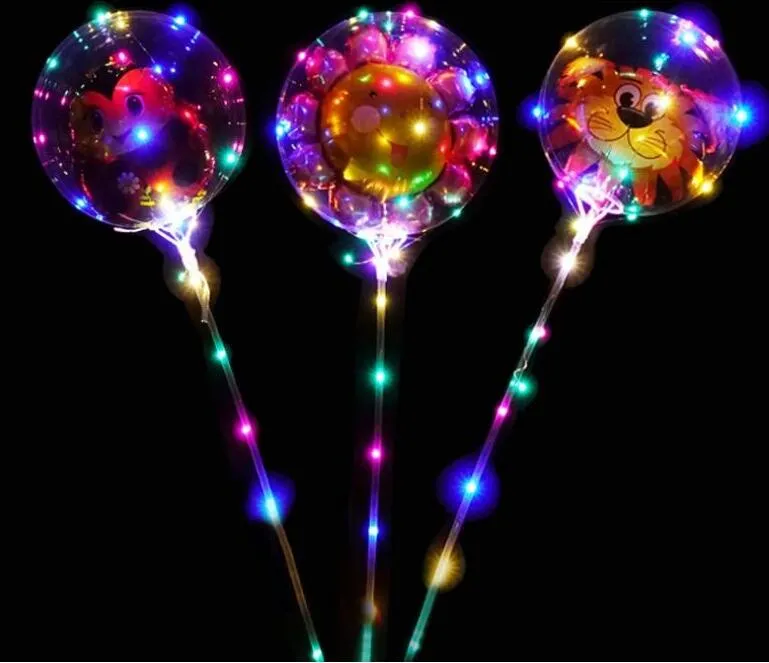 24 inches helium transparent LED Ballong blinkande Bobo Ballong med klistermärken Tecknade ballongfjädrar glitter för festival dekoration # 176
