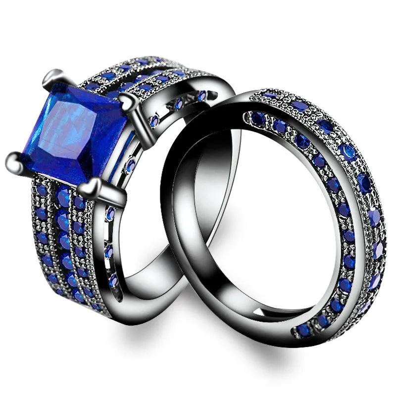 Clusterringe 2 Teile / Satz Punk Schwarz Cocktail Party Blau Zirkonia Gold Modeschmuck Ring Männer Und Frauen