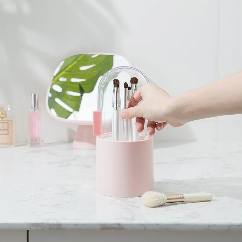 Organización de almacenamiento para baño, organizador de maquillaje a prueba de polvo, cesta con cubierta giratoria, juego de brochas para delineador de ojos, tocador, caja de cosméticos