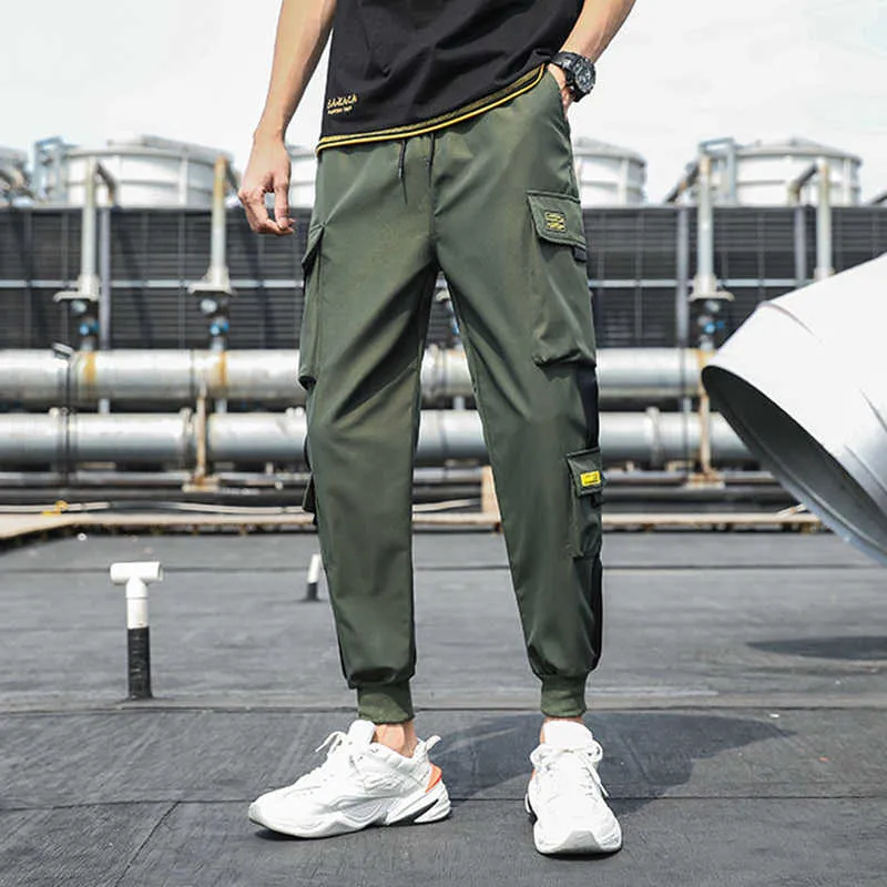 Men's Side Pockets Cargo Harem Pants New Ribbons Black Hip Hop Casual Male Joggers Trousers Fashion Casual Streetwear Pants Y0811