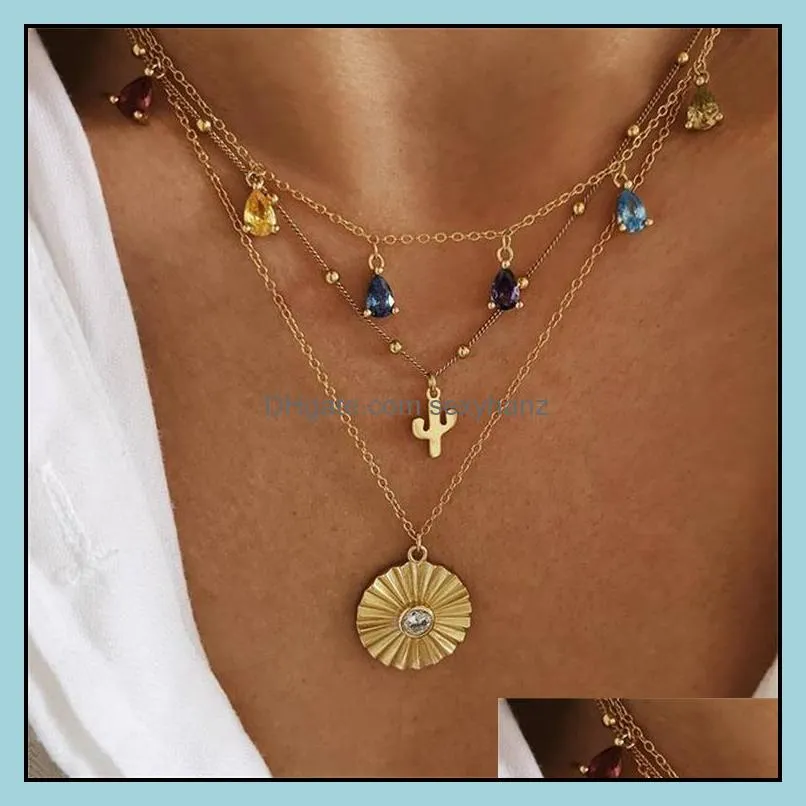 S1865 Hot Fashion Jewelry Multi Layer Necklace Geometric Cactus Colorful Gemstone Rhinstone Necklace