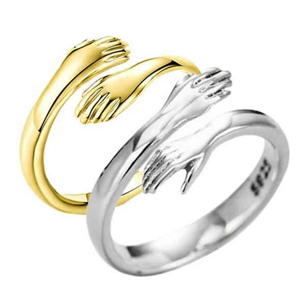 Anelli a mano per abbraccio di coppia placcati in oro regolabili vintage Mani in lega che abbracciano anelli di apertura