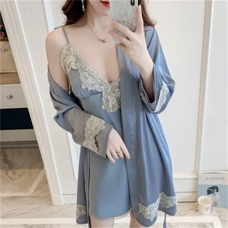 HaloSweet Femmes Pyjamas Robe En Soie Femme Négligé Nuit Ensemble Robe De Chambre Salon Ensemble Peignoir Dentelle Chemise De Nuit Et Peignoir 210203