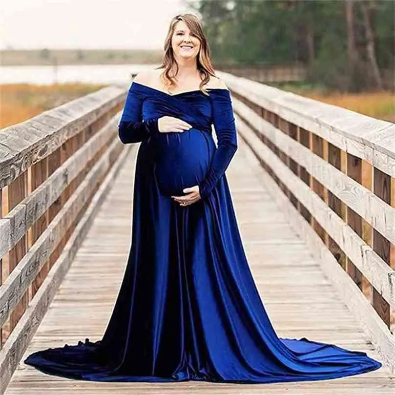 Umstandskleider für Babypartys Langarm Schwangere Frauen Samt Maxikleid Sexy V-Ausschnitt Schwangerschaft Po Shoot 210922