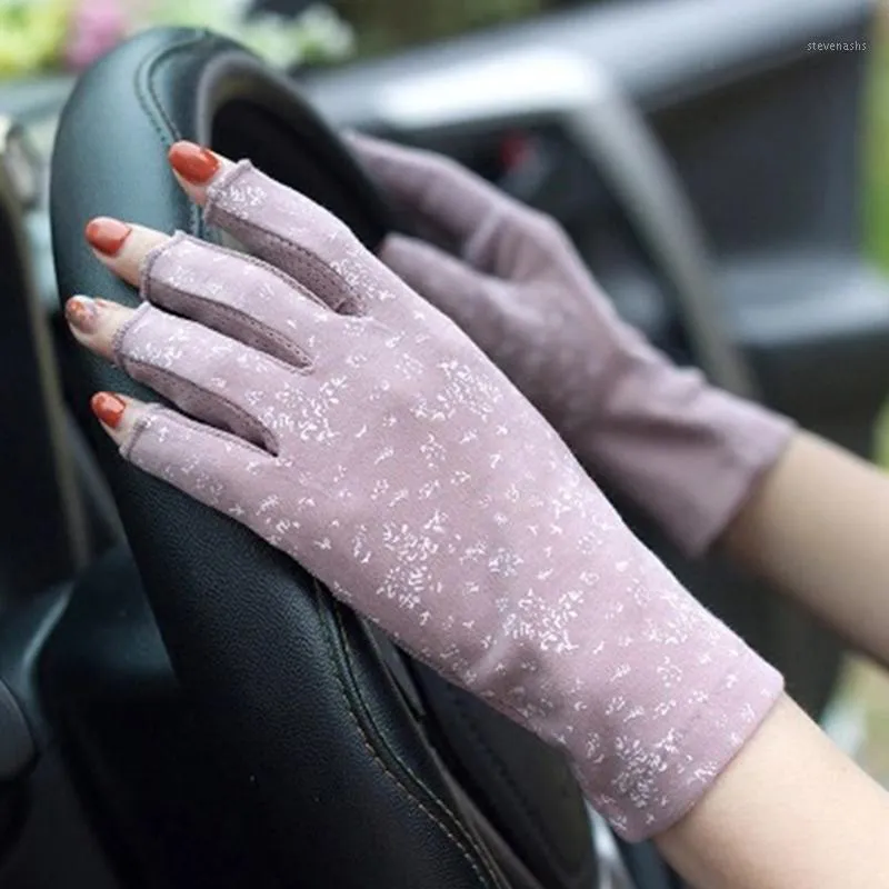 Guantes de cinco dedos para mujer, protector solar de verano, de algodón, para conducir, para ciclismo, con flores, para mujer, medio dedo, elásticos, finos, antideslizantes