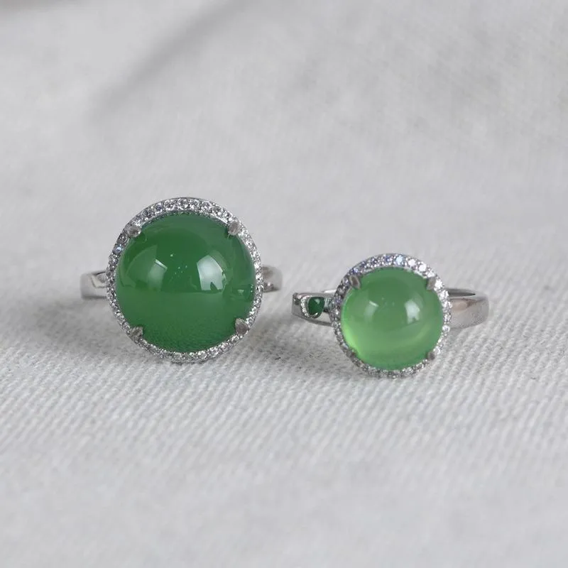 Cluster ringar FNJ 925 Silverring för kvinnor Smycken 100% Original Pure S925 Sterling Natural Green Agate Chalcedony