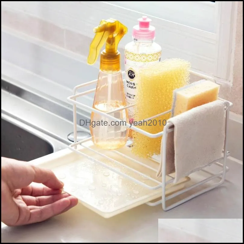 Kitchen Storage & Organization Iron Sponge Holder Draining Racks Stand Rack Sink Brush Cleaning Rag Shelf With Tray Accessories