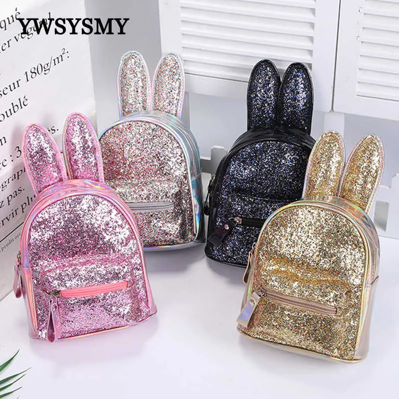 Maternelle enfants école sac à dos pour filles enfants sacs d'école mode Sequin cuir Laser sacs à dos mignon lapin oreille livre sac X0529