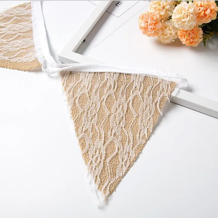 Lace Burlap Triangle Banner Decoration Wedding Baby Shower and Party 12 Flags White Floral Lace Collection Rustic Linen Pennant RRB11630