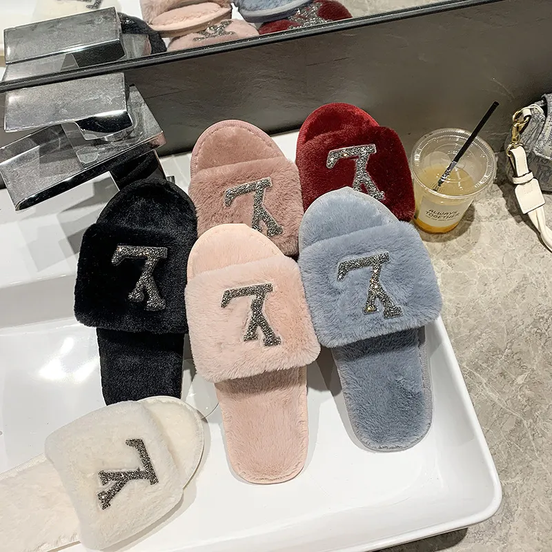 2021 Winter Women House Slippers Faux Fur Fashion Warm Shoes Woman Slip on Flats Female Slides Black Pink cozy home furry slippers