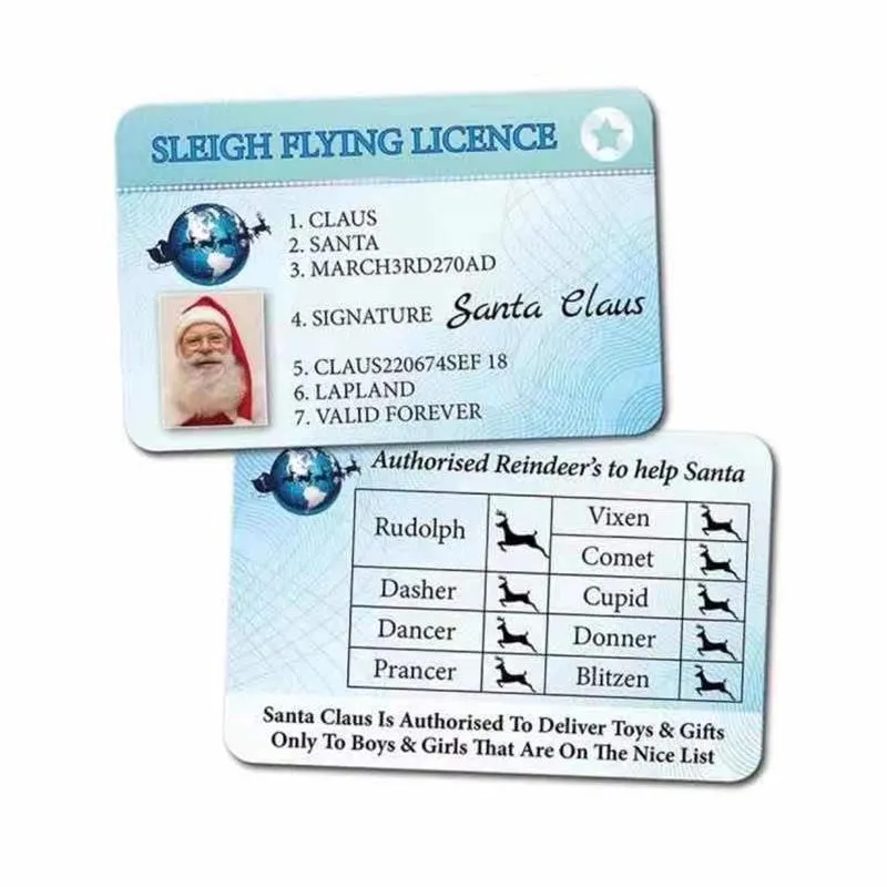 2021 Julklapp Santa hälsningskort Party Favor Funny Driver Licenskort 86 * 54mm Nyårs önskemål